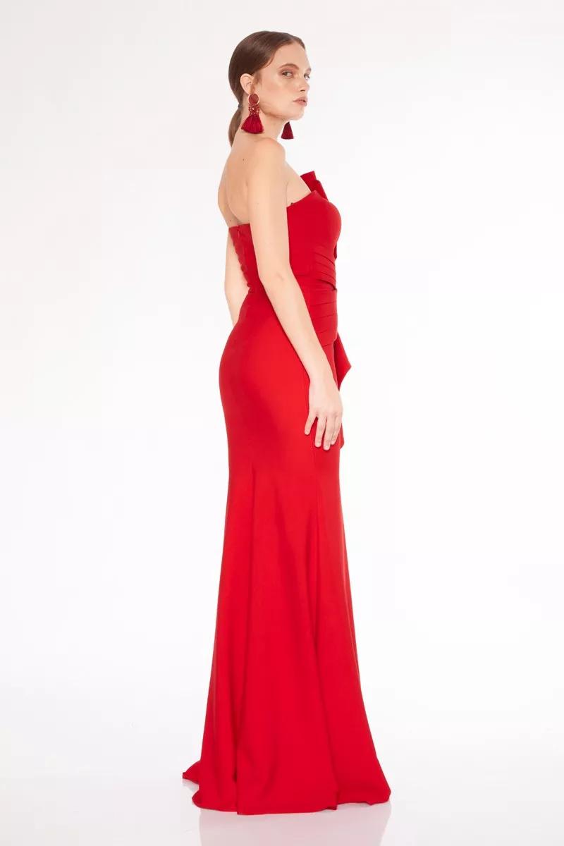Red crepe strapless maxi dress