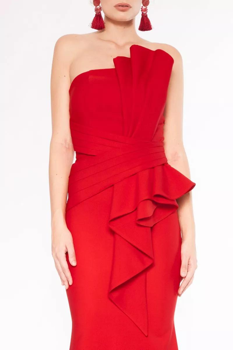 Red crepe strapless maxi dress