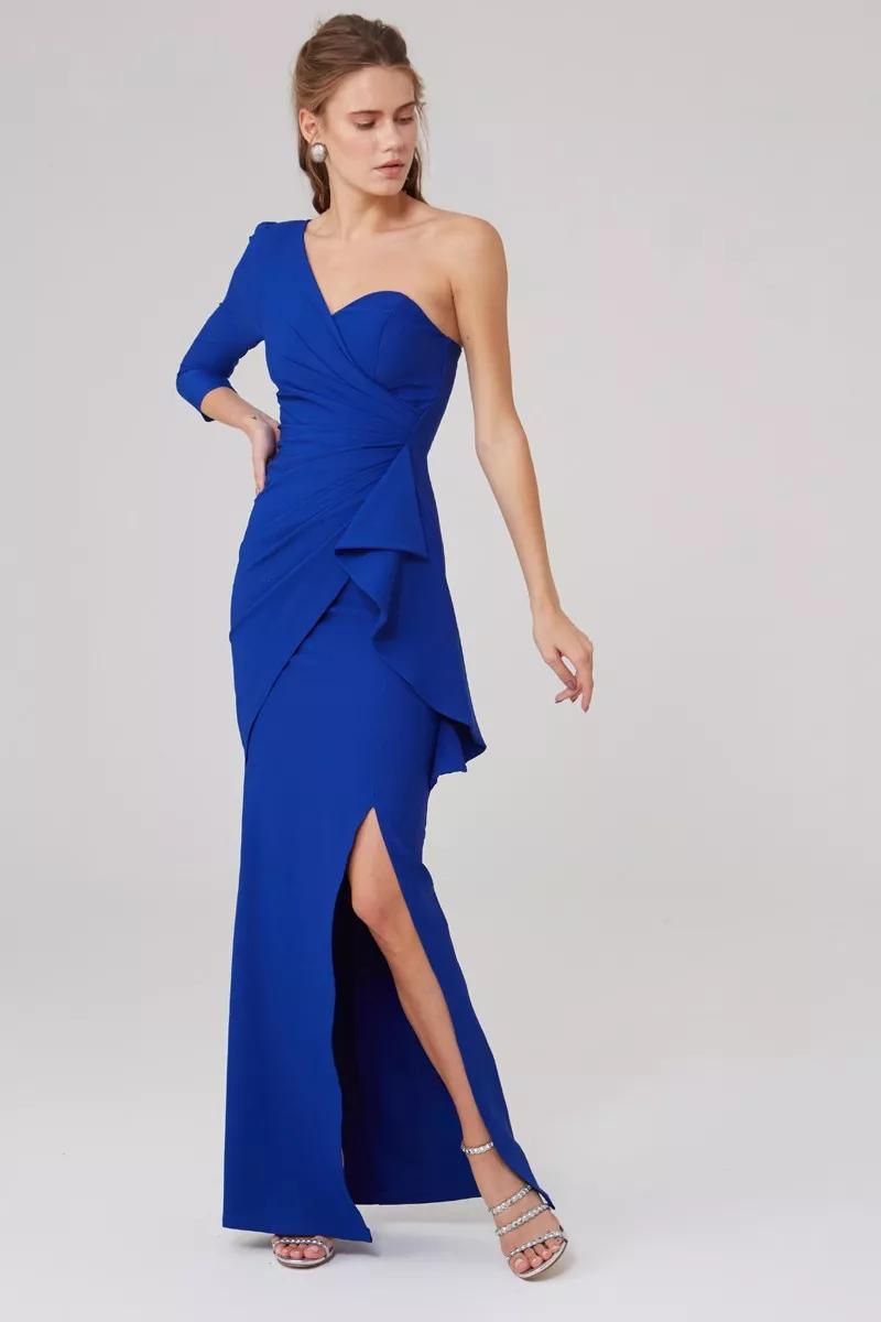 Blue crepe one arm maxi dress