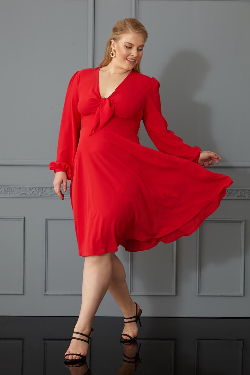 Red Plus Size Crepe Long Sleeve Mini Dress