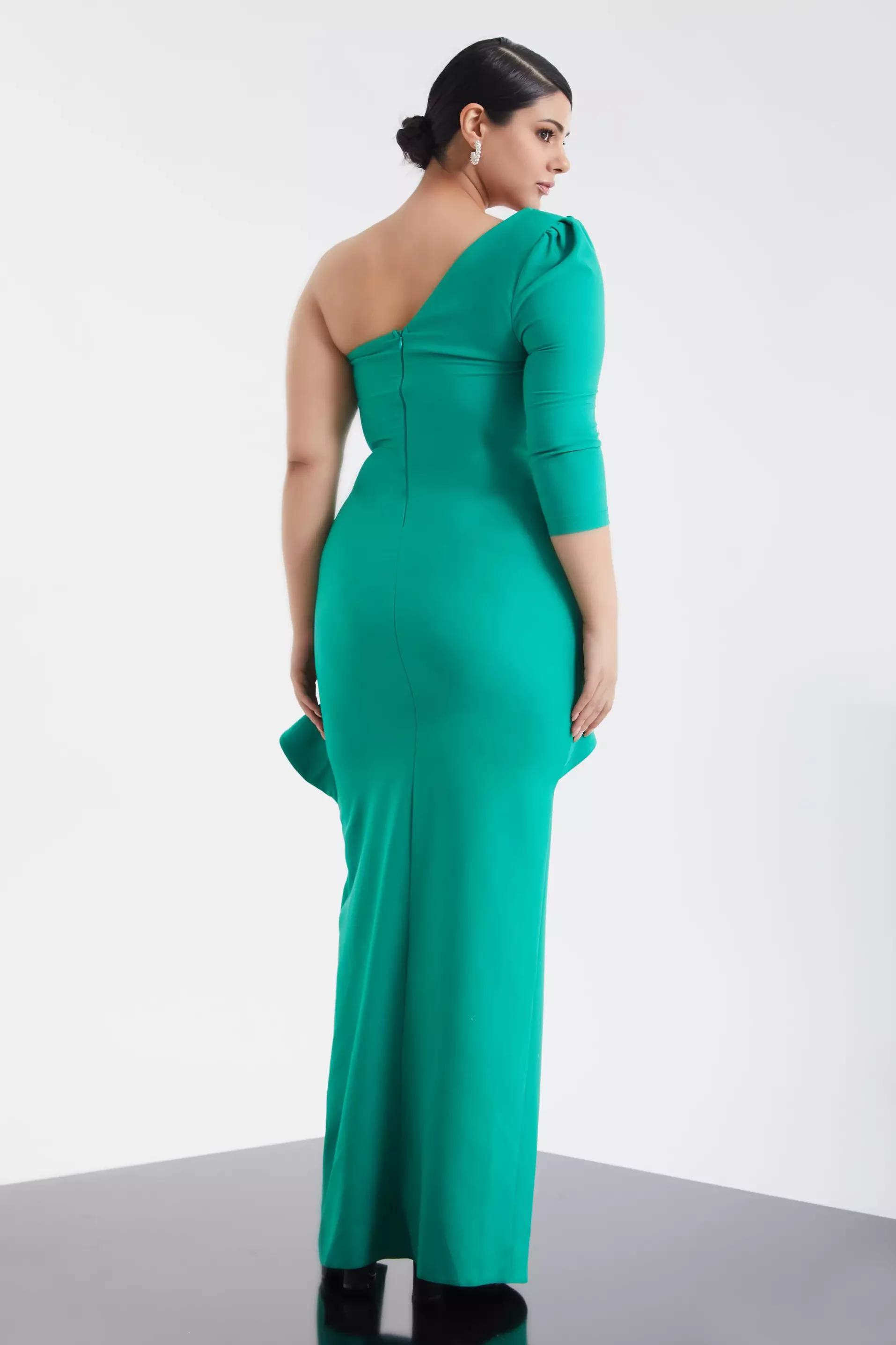 Green plus size crepe one arm maxi dress