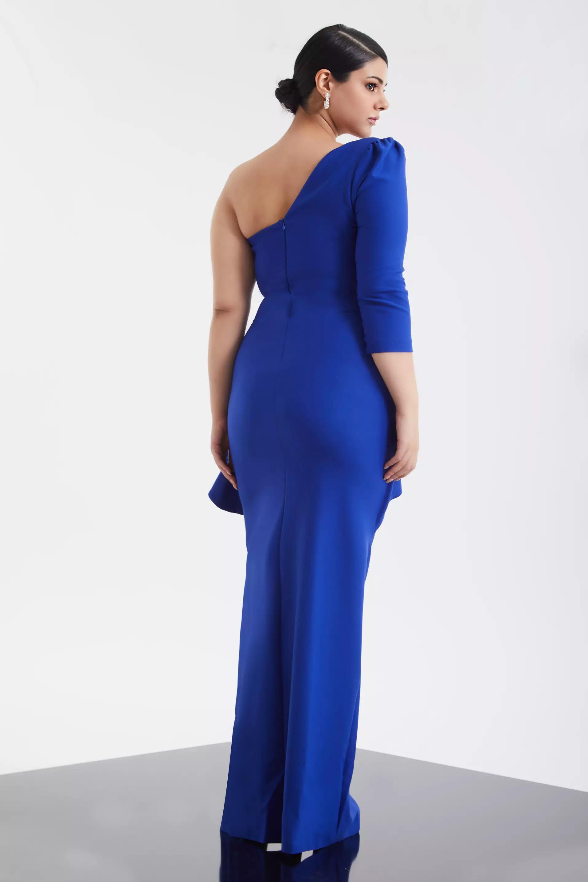 Blue plus size crepe one arm maxi dress