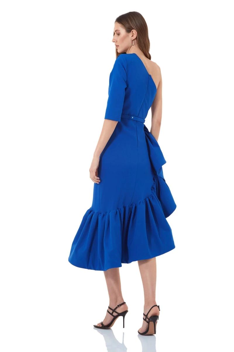 Blue crepe one arm maxi dress
