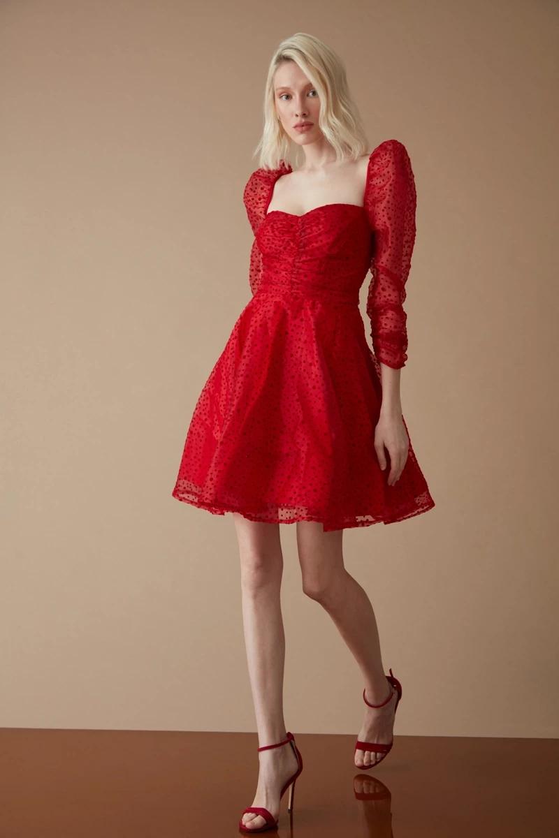 Red tulle long sleeve mini dress