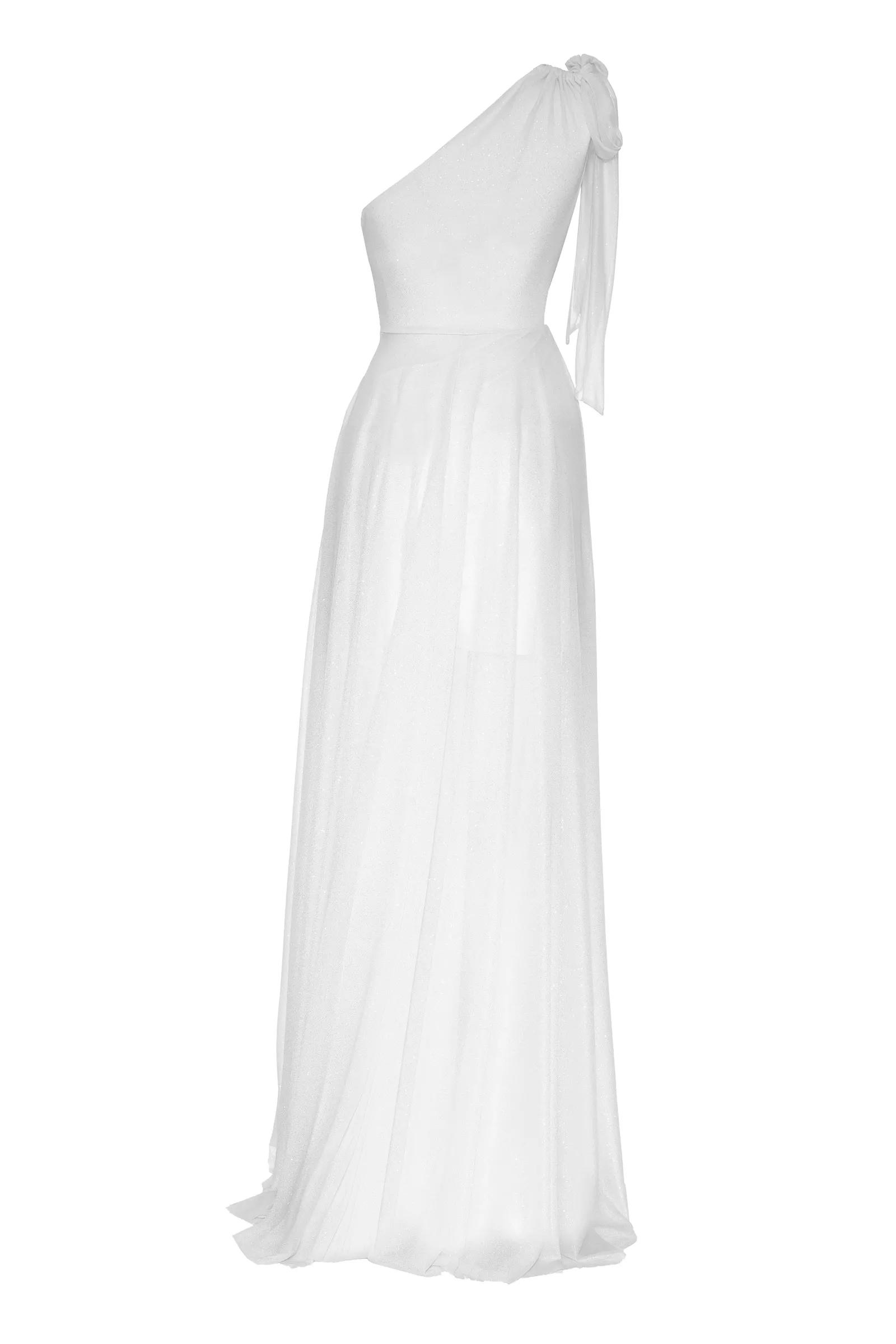 White tulle one arm maxi dress