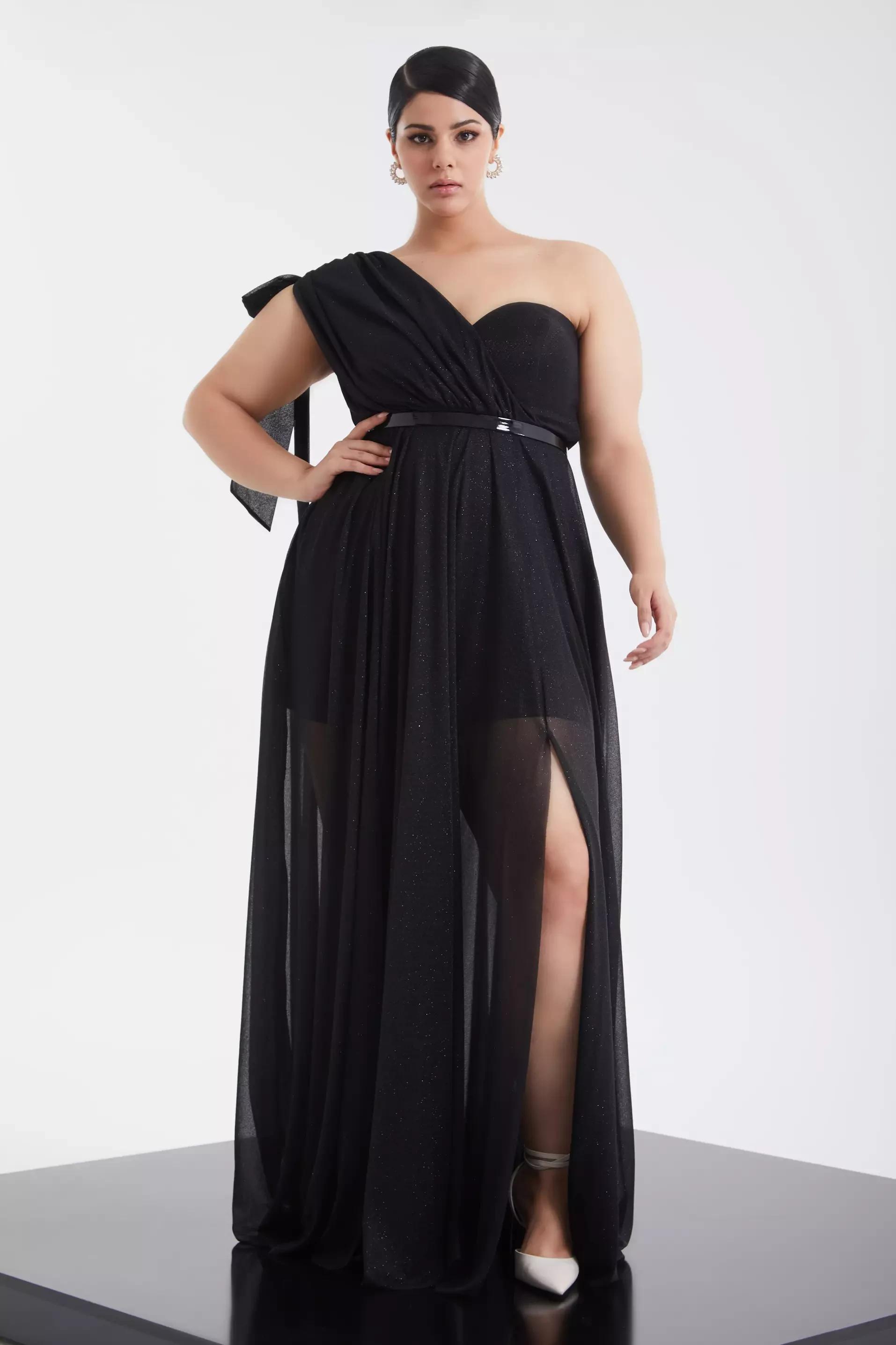 Black plus size tulle one arm maxi dress