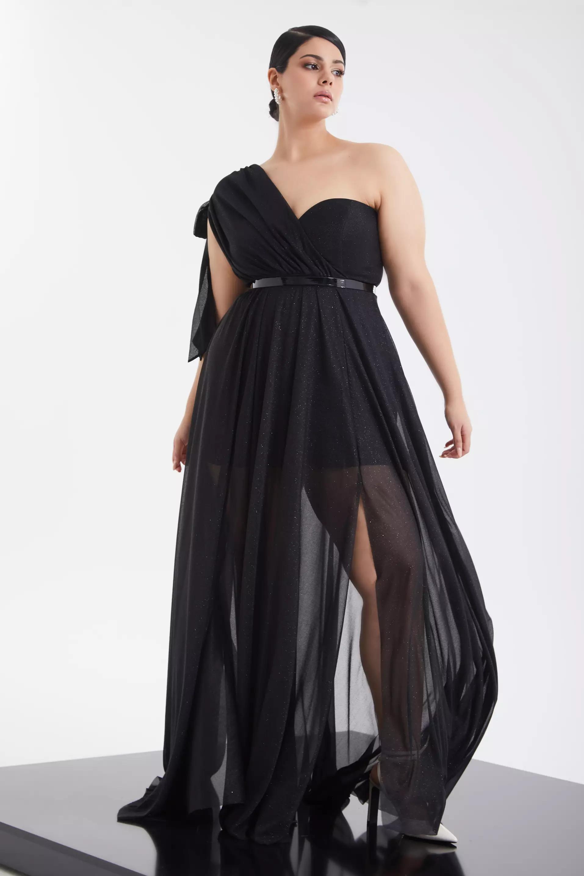 Black plus size tulle one arm maxi dress