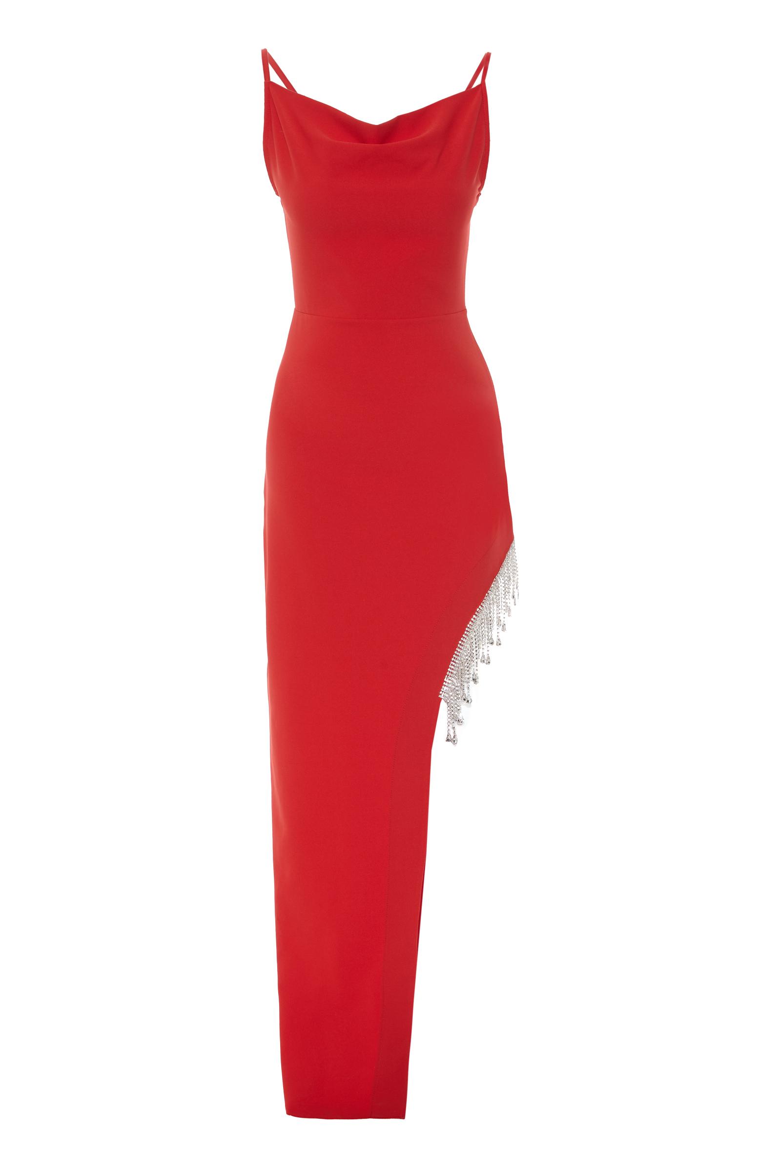 Red Plus Size Crepe Sleeveless Uzun Dress