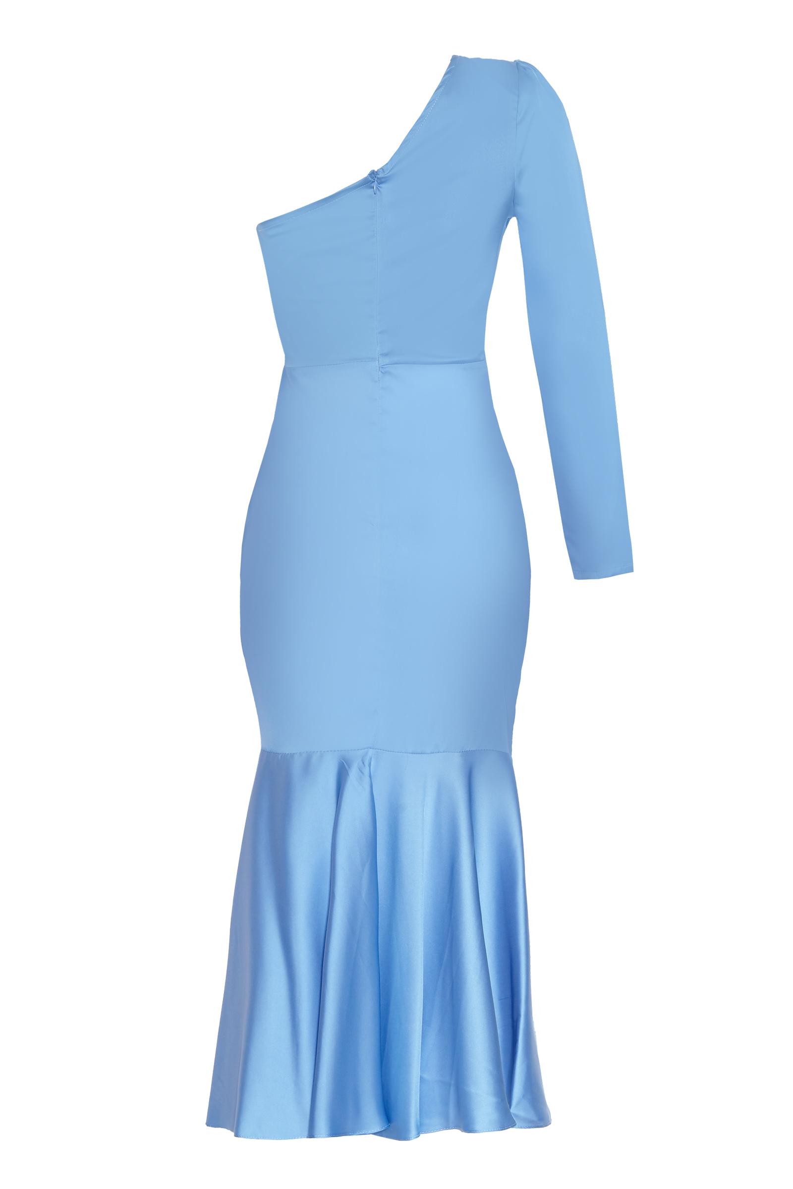 Blue Satin One Arm Maxi Dress