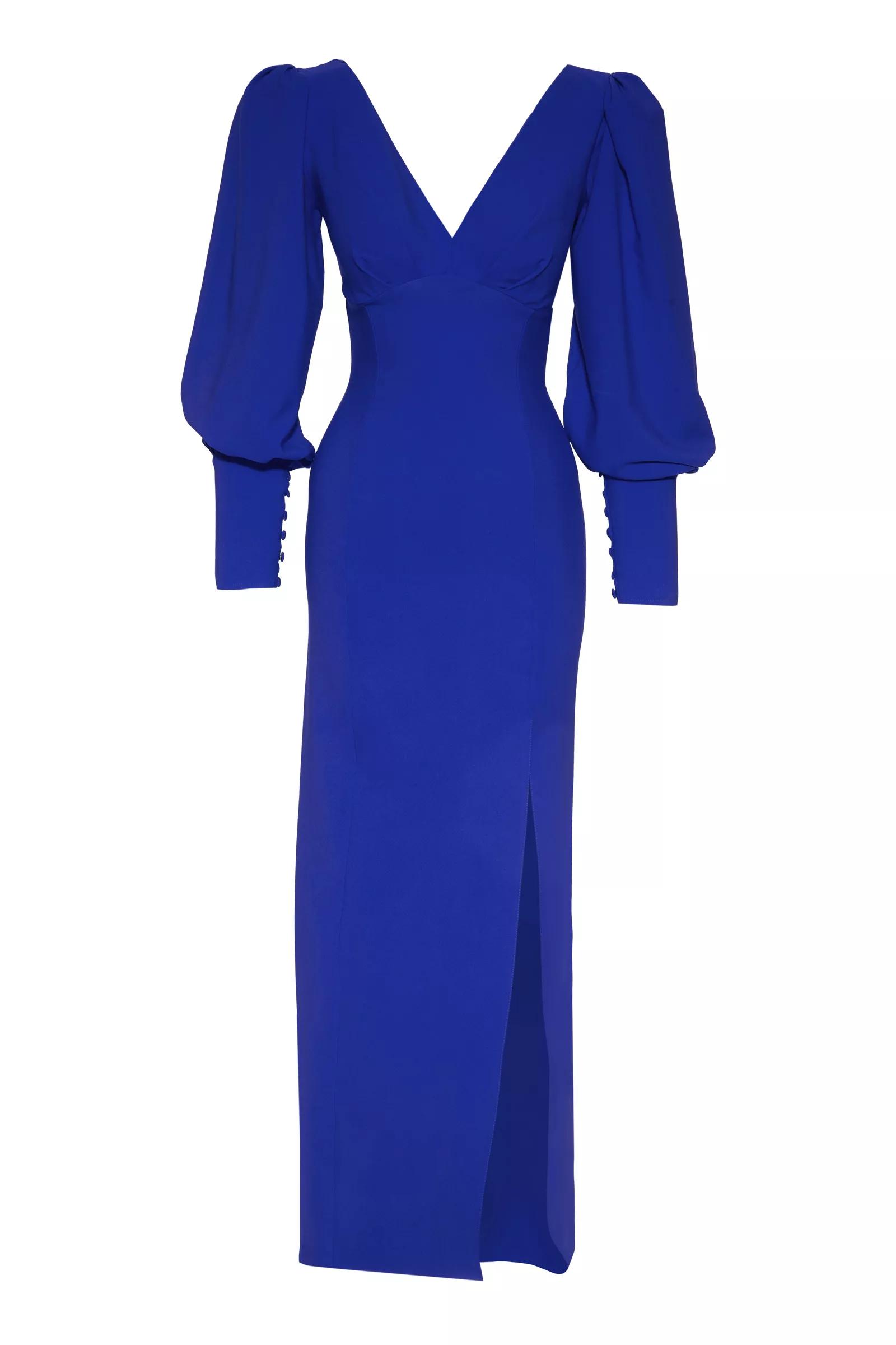 Blue Crepe Long Sleeve Maxi Dress