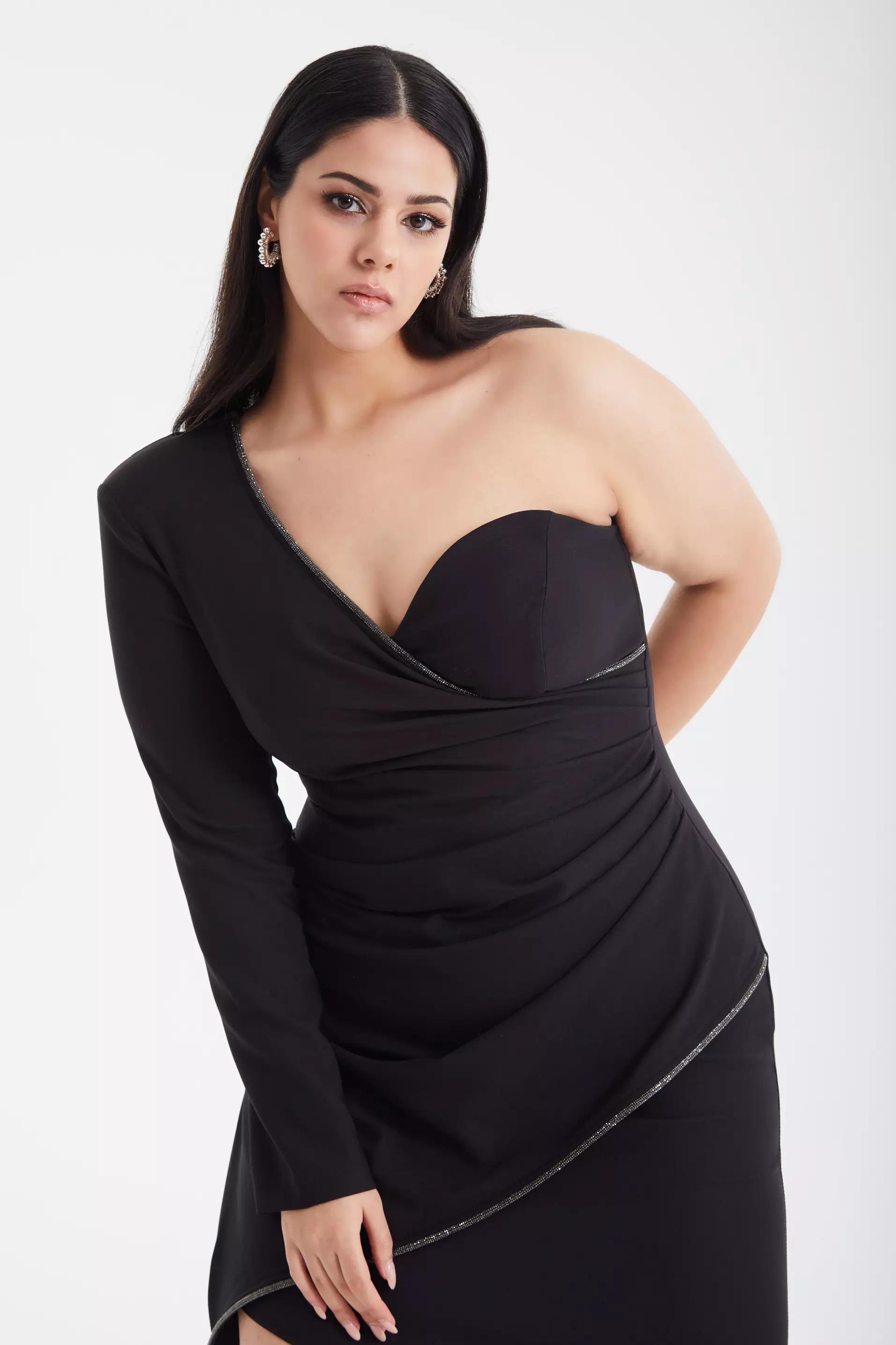 Black plus size crepe one arm mini dress