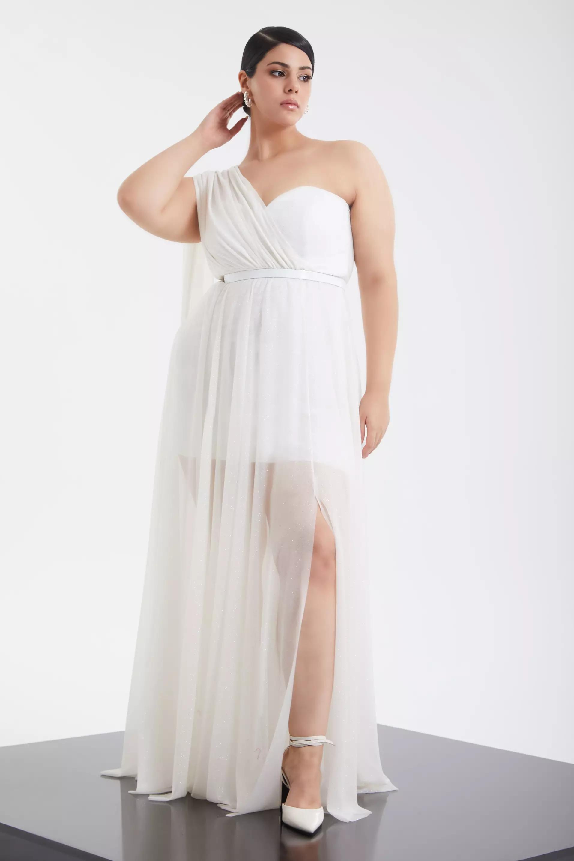 White plus size tulle one arm maxi dress