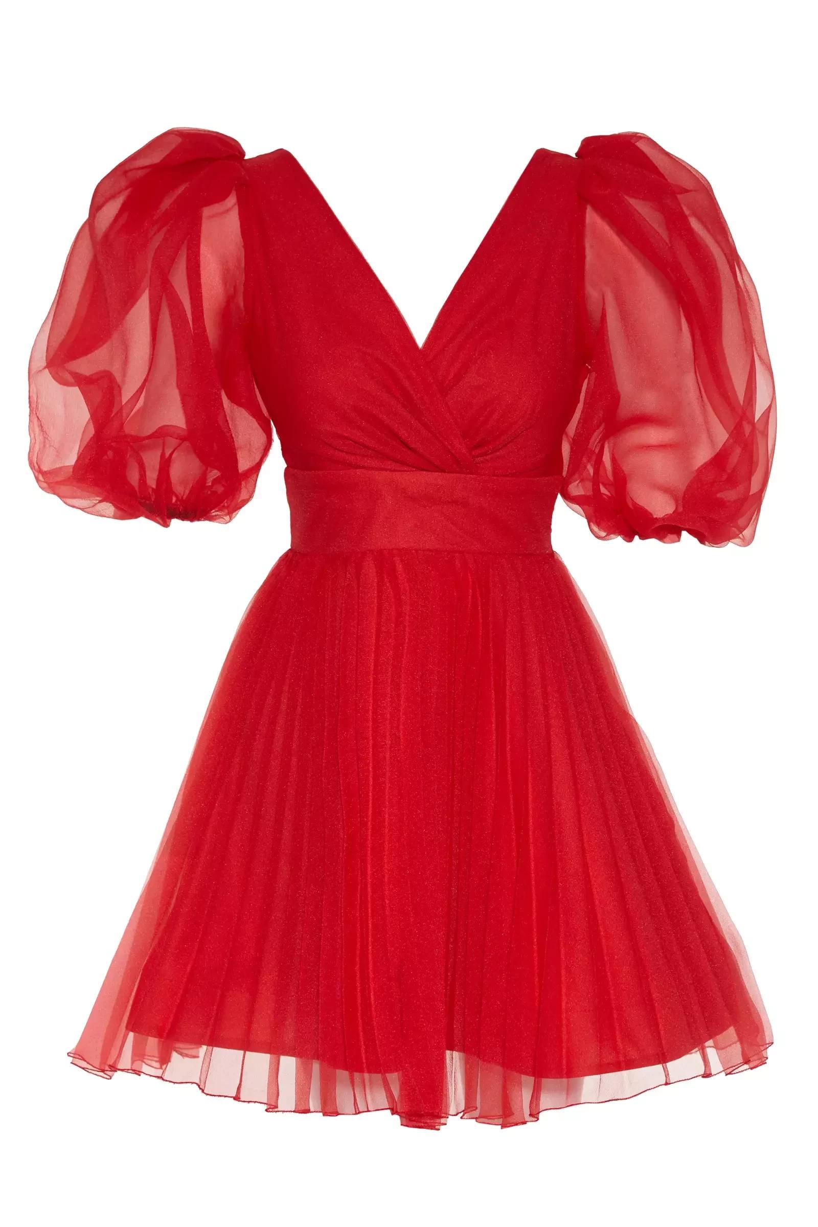 Red tulle short sleeve mini dress