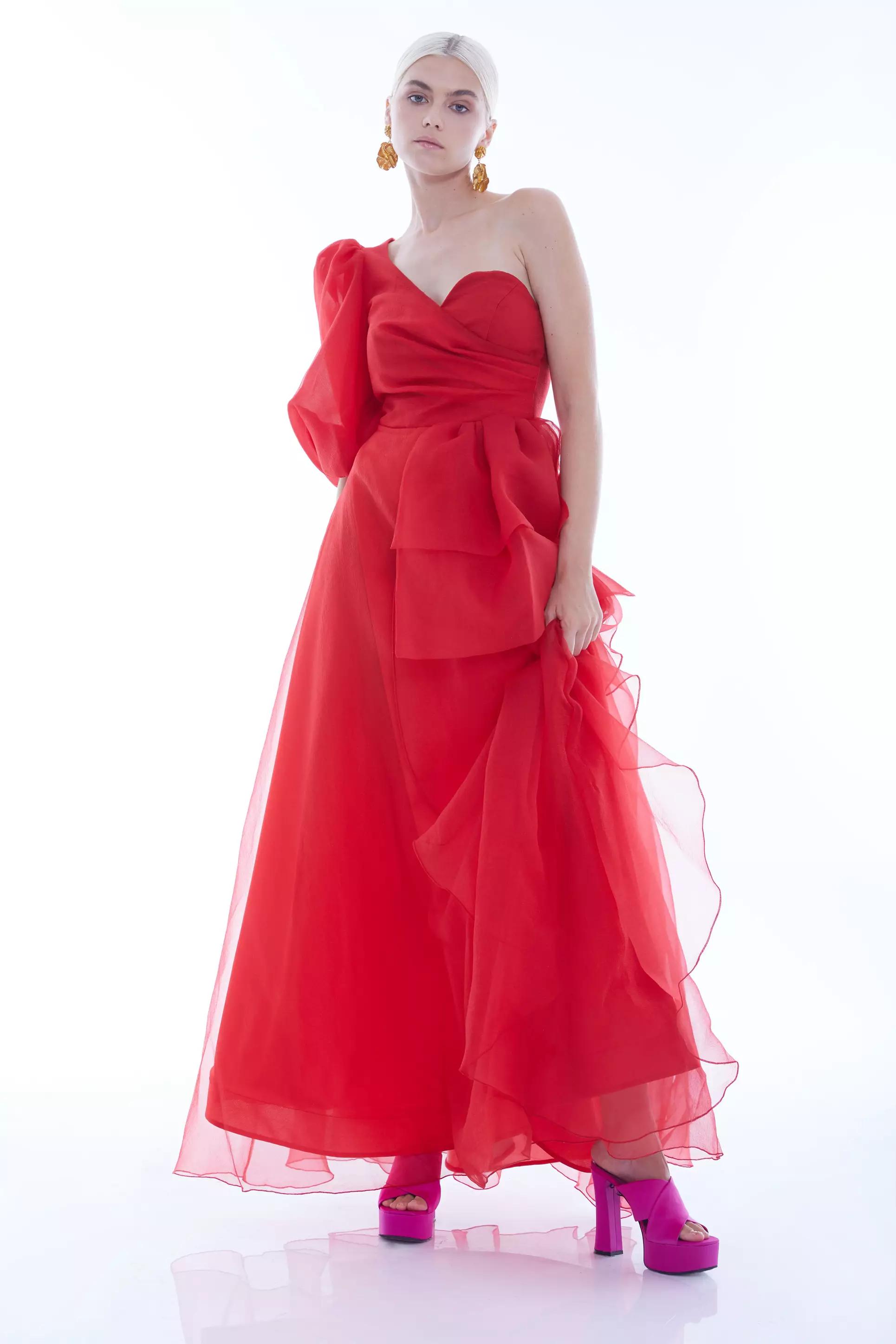 Red tulle one arm maxi dress
