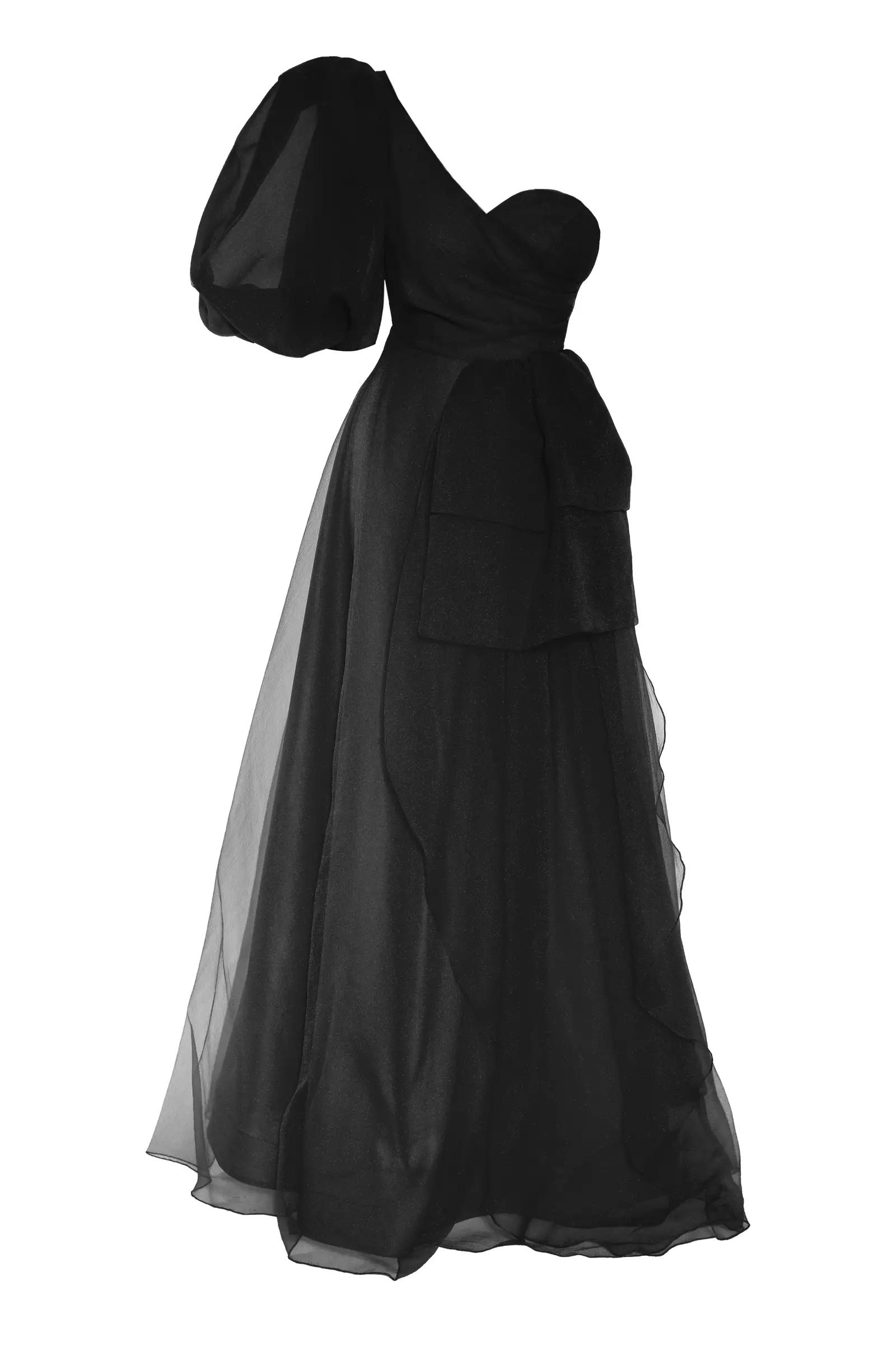 Black tulle one arm maxi dress