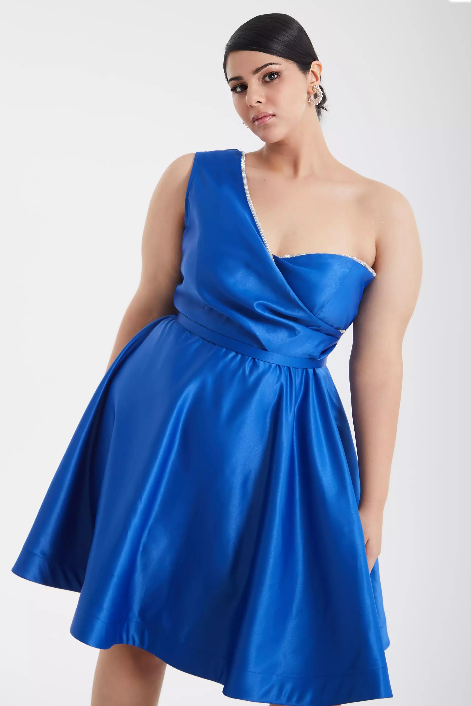 Blue plus size satin one arm mini dress