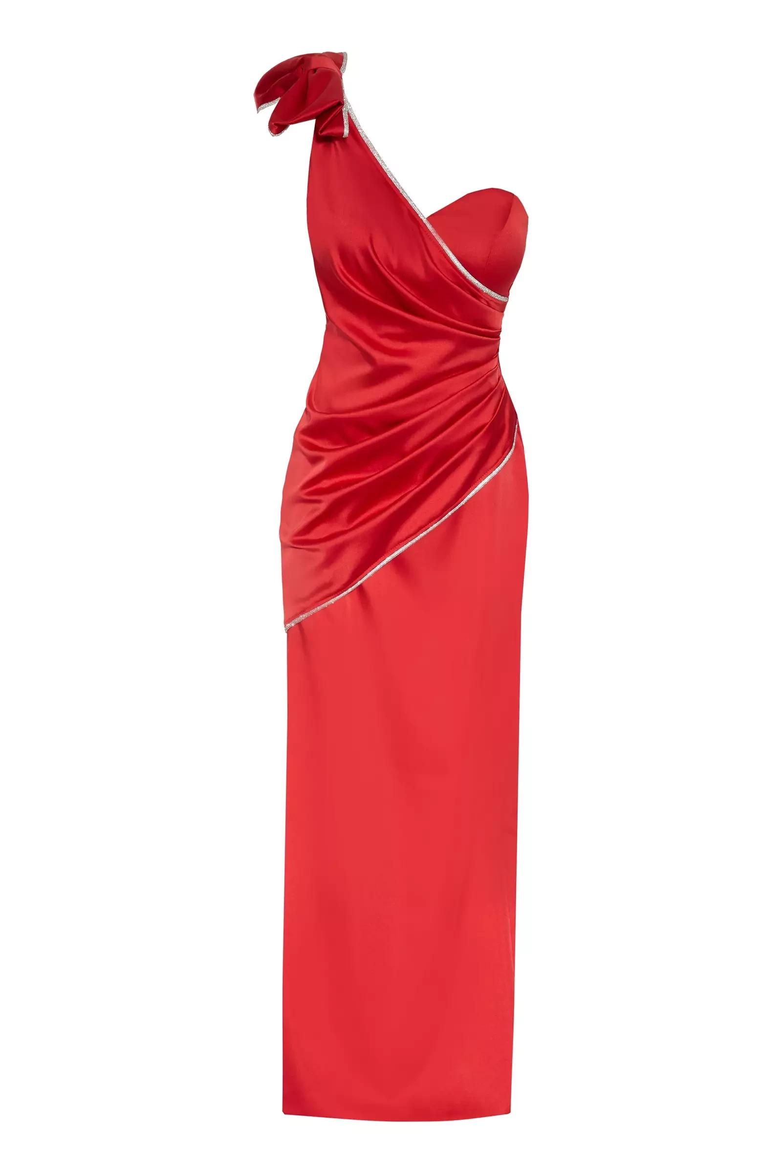 Red satin one arm maxi dress