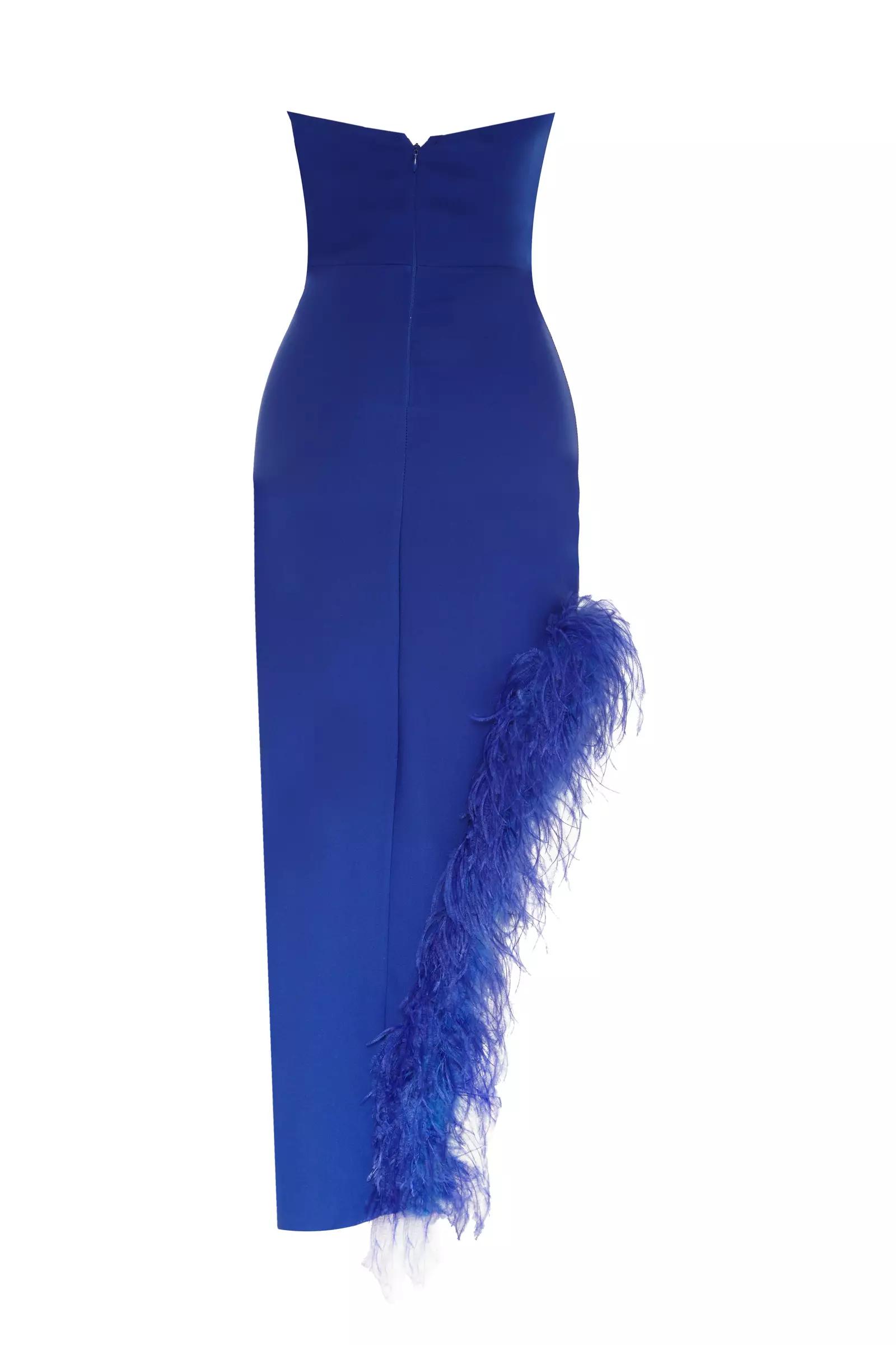 Blue crepe strapless long dress