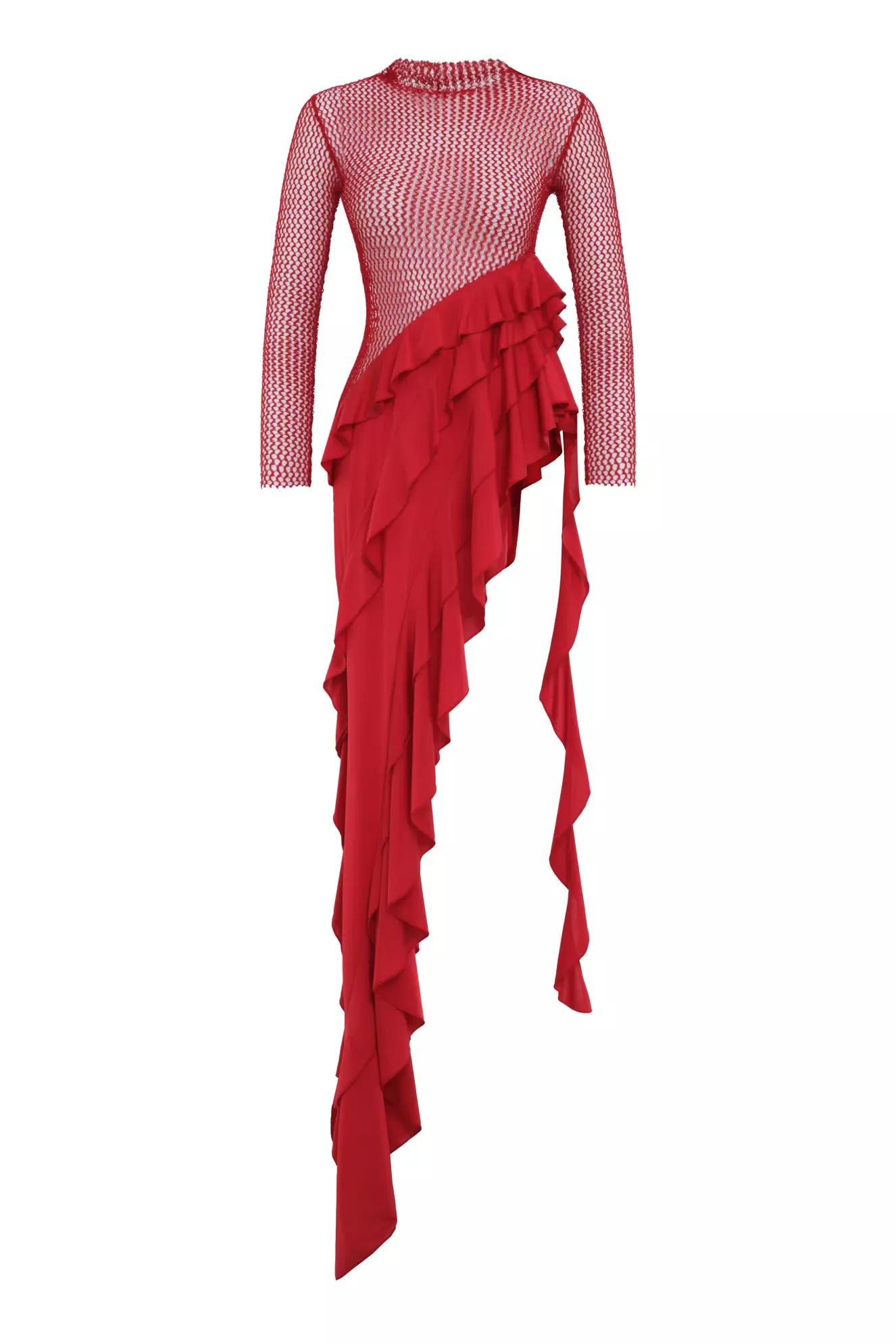 Red file long sleeve long dress