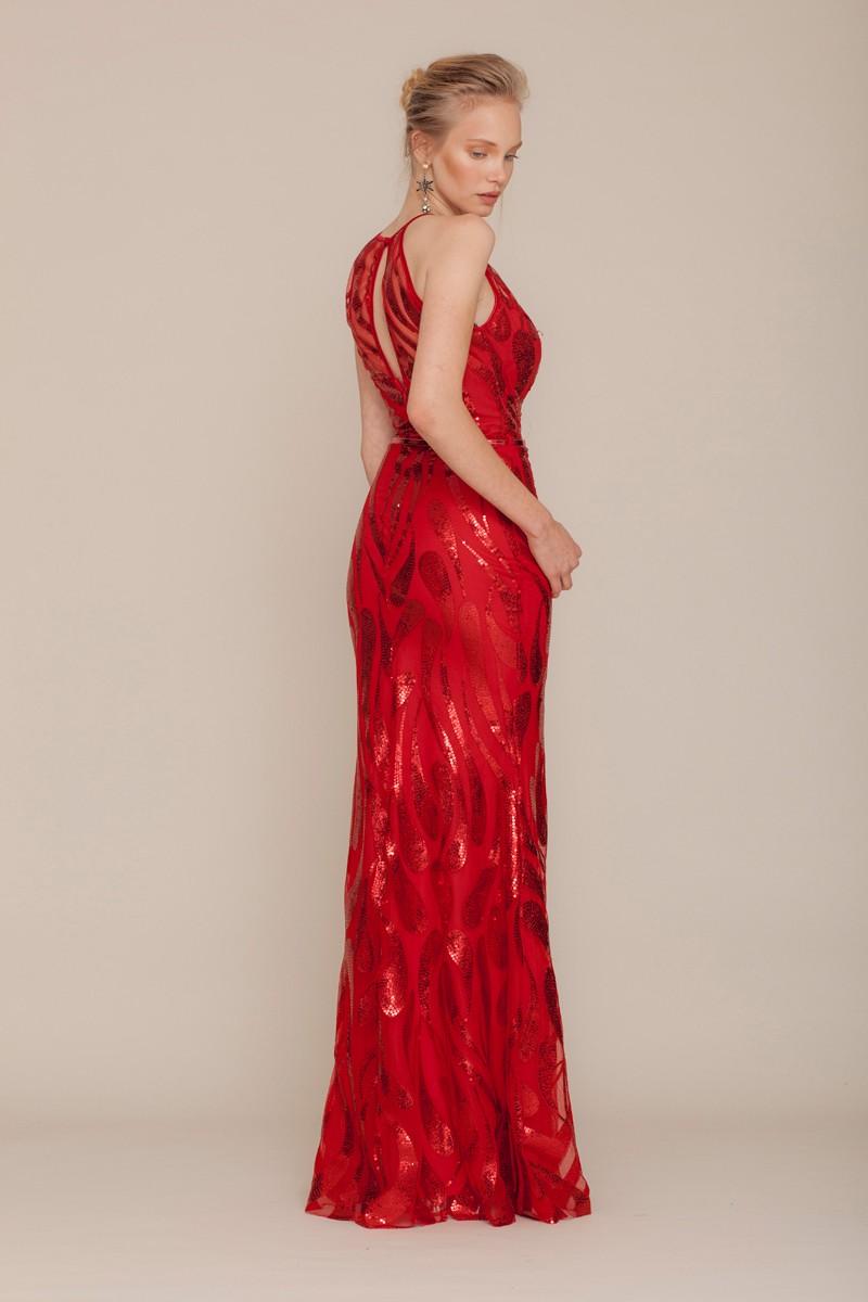Red Sequined Sleeveless Maxi Dress