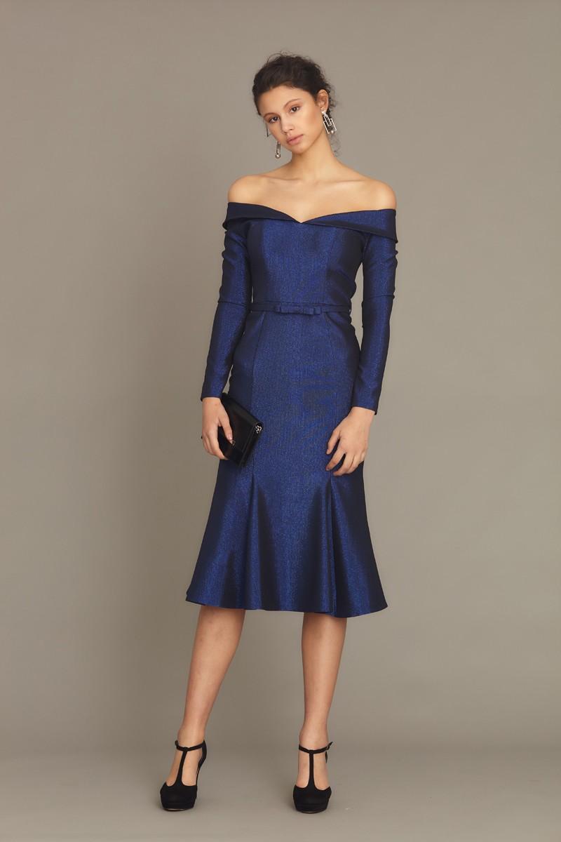 Saxon Blue Woven Long Sleeve Midi Dress