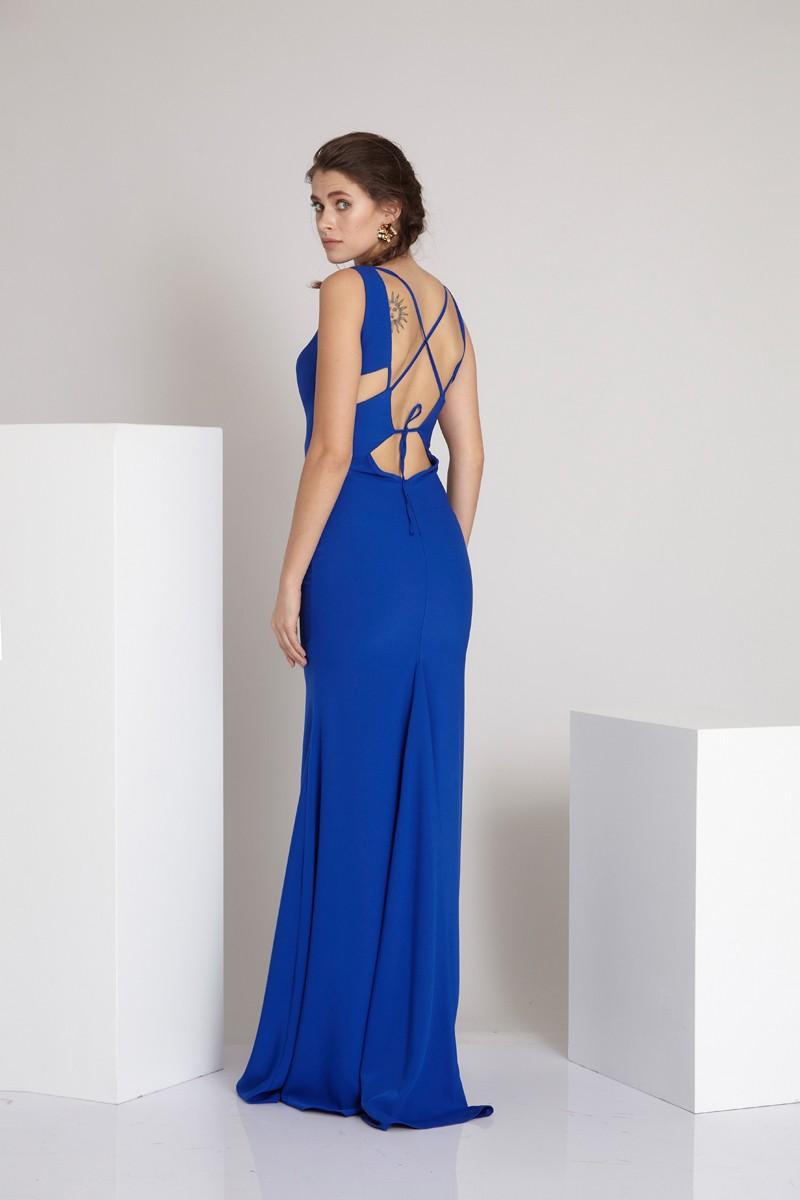 Saxon Blue Crepe Sleeveless Maxi Dress