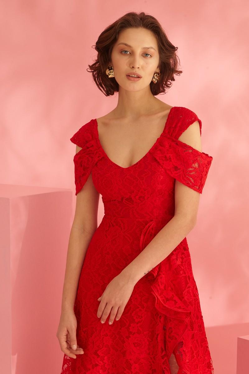 Red Lace Short Sleeve Mini Dress