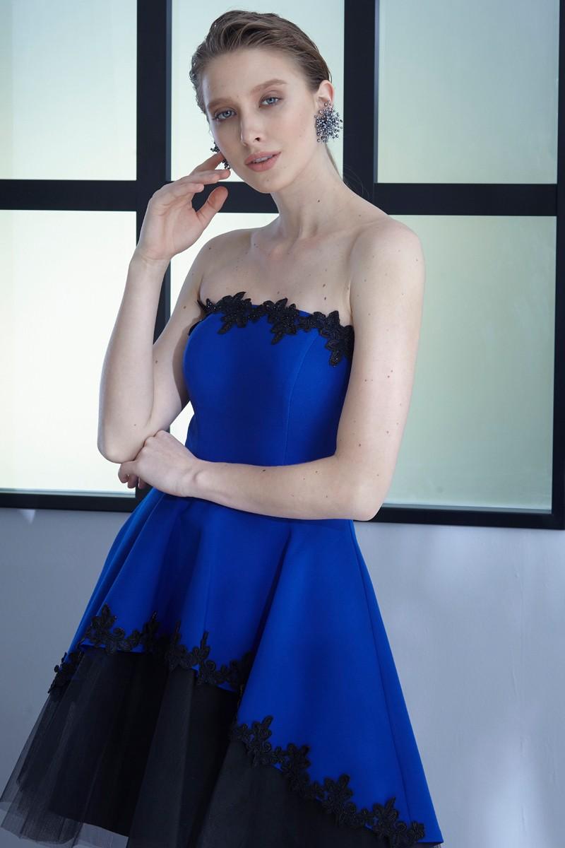 Saxon Blue Crepe Strapless Mini Dress