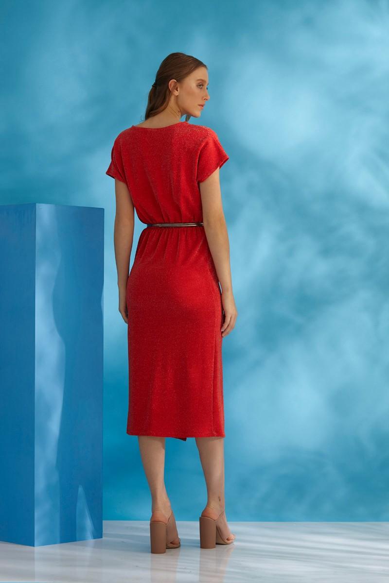 Red Knitted Midi Short Sleeve Dress