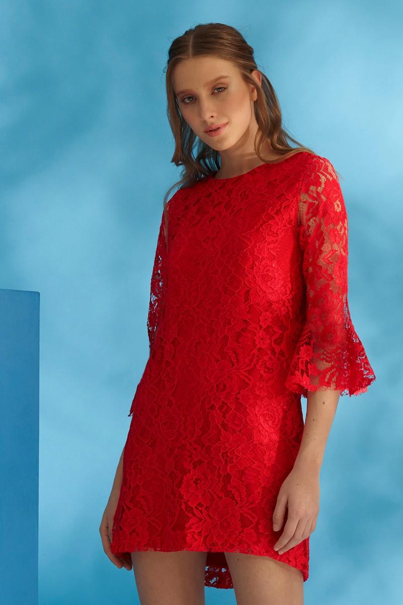 Kırmızı Lace Long Sleeve Mini Dress