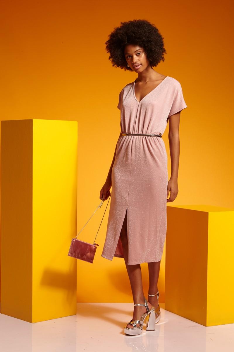 Pink Knitted Midi Short Sleeve Dress