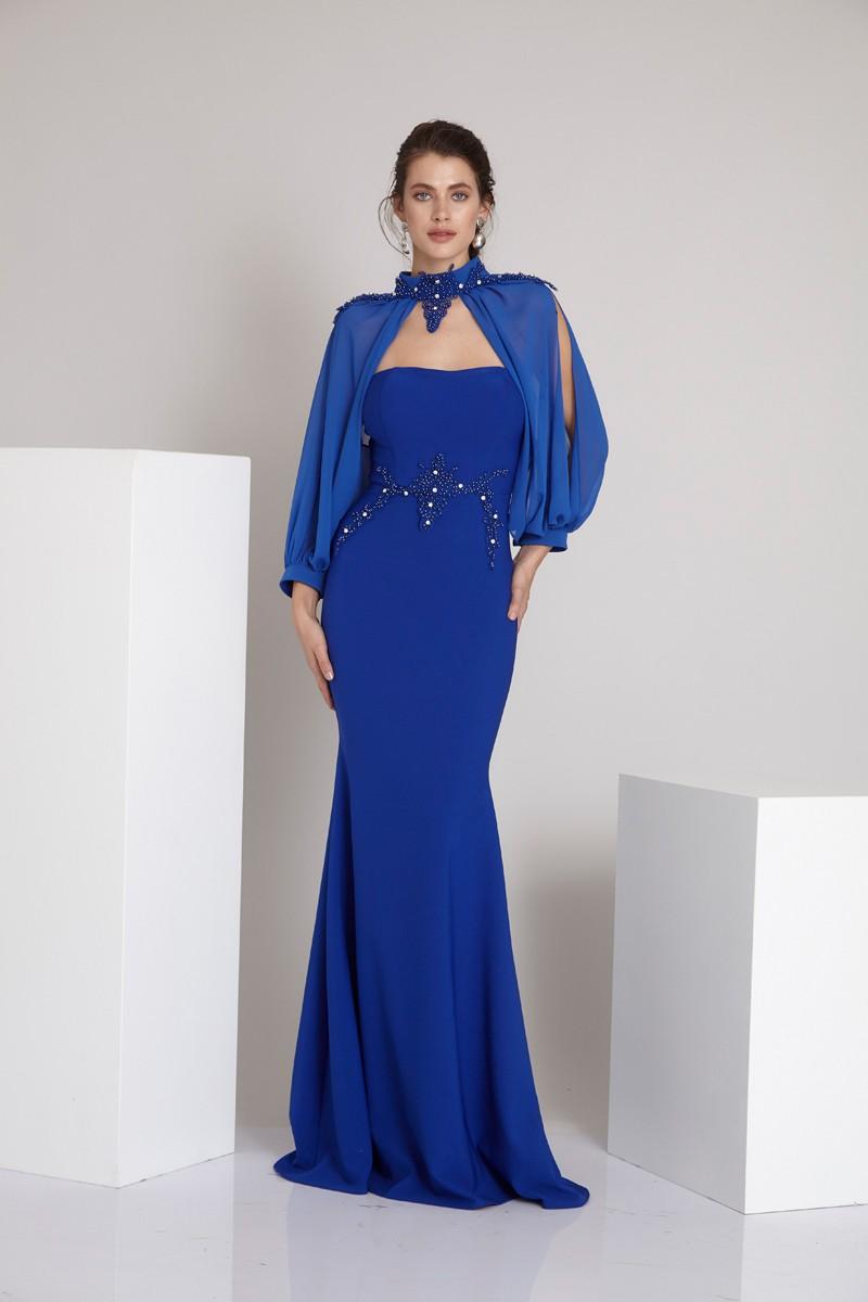 Saxon Blue Crepe Maxi Long Sleeve Dress