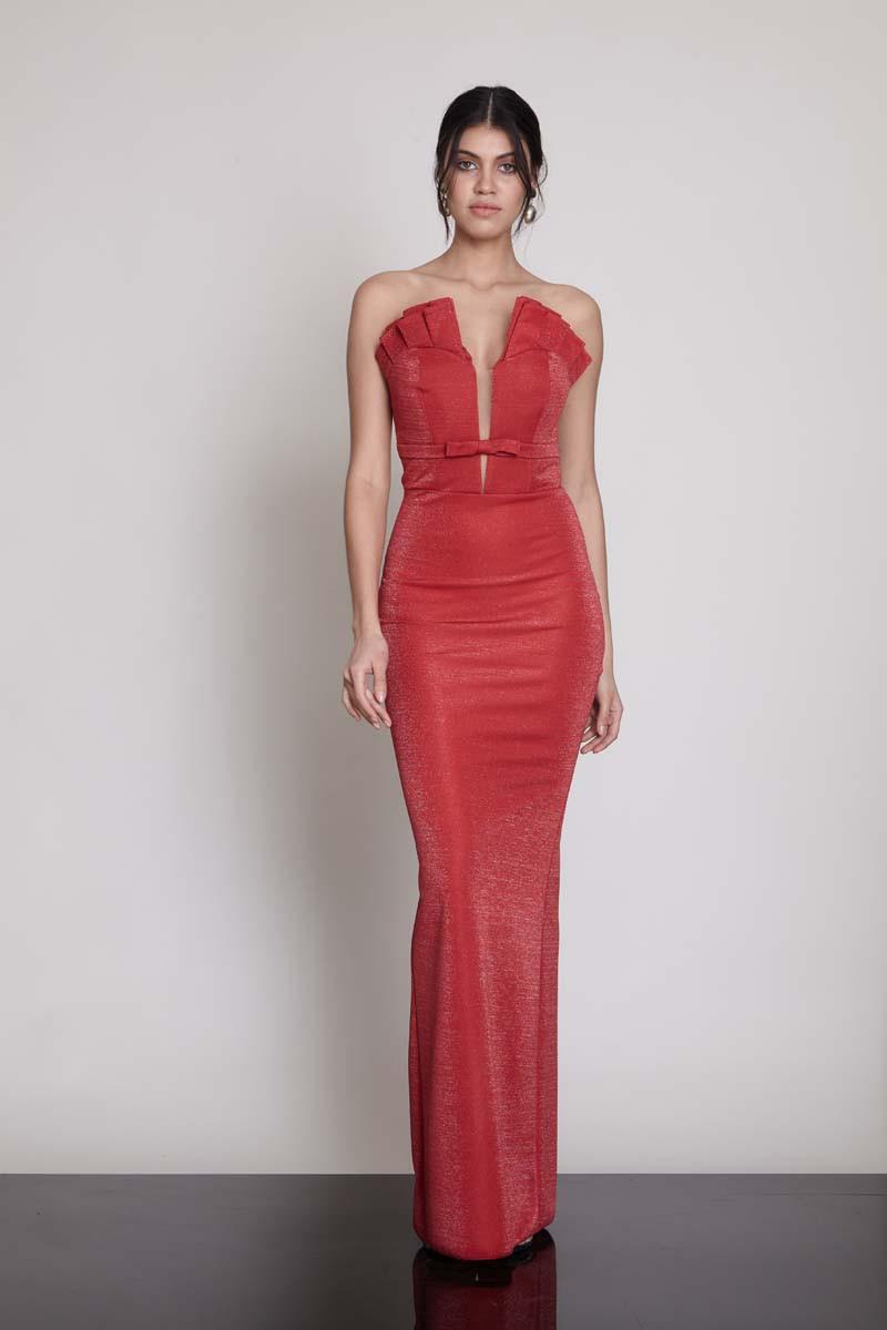 Red Knitted Strapless Maxi Dress
