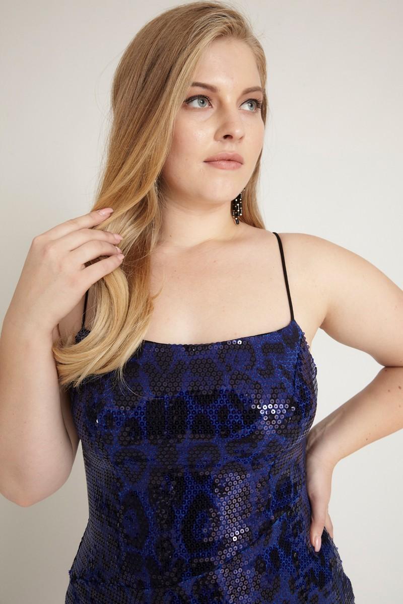 Saxon Blue Plus Size Sequined Sleeveless Mini Dress