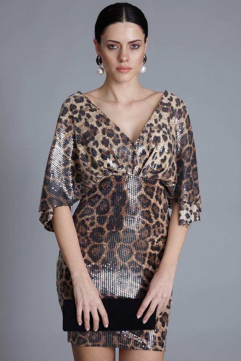 Leopard Sequined Short Sleeve Mini Dress