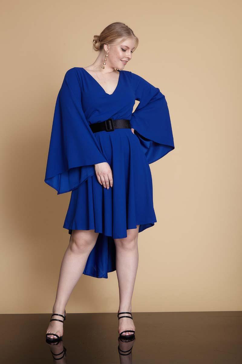 Saxon Blue Plus Size Crepe Long Sleeve Midi Dress