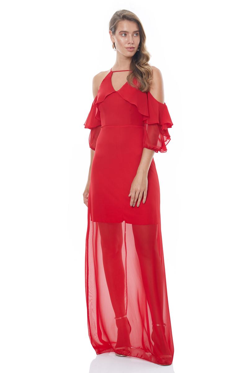 Red Chiffon Long Sleeve Maxi Dress