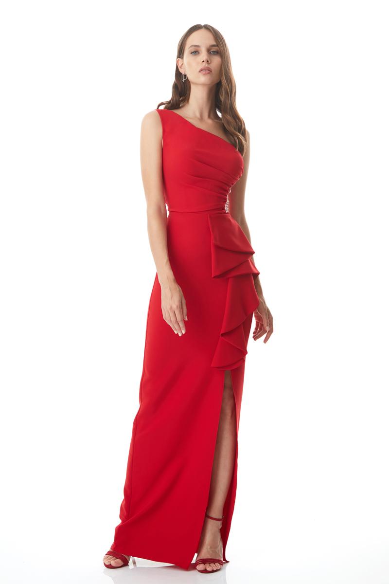 Red crepe sleeveless maxi dress