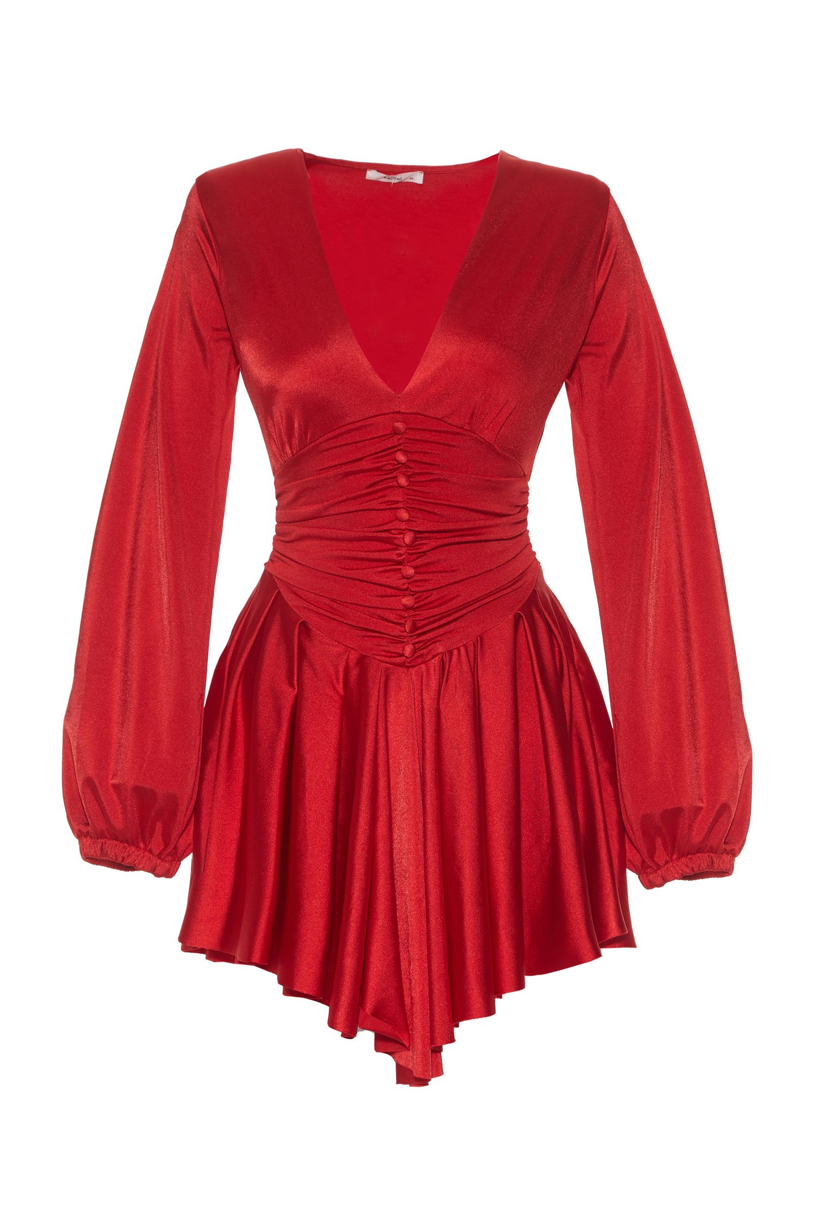 Red Satin Long Sleeve Mini Dress