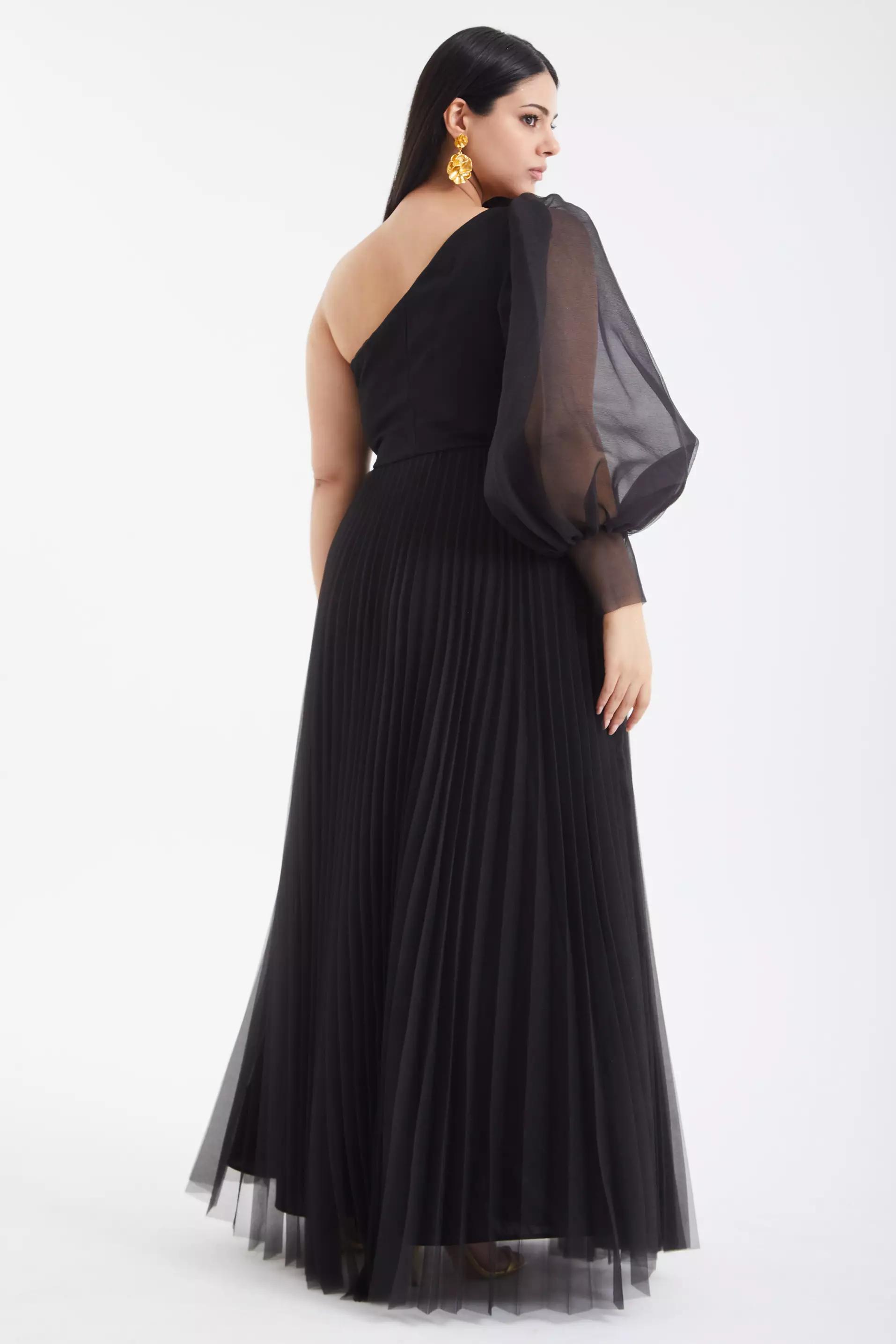 Black plus size tulle one arm long dress